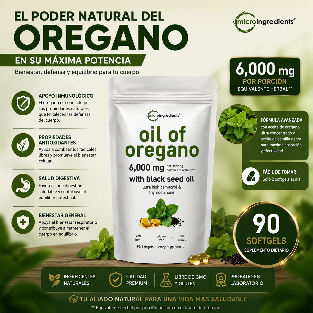 Aceite de Orégano Premium 6,000 mg + Aceite de Semilla Negra | Extracto Natural Concentrado